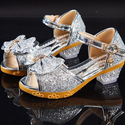 Children's Princess Shoes Little Girls High-heeled Bow-knot Crystal Sandals Party Dress Wedding