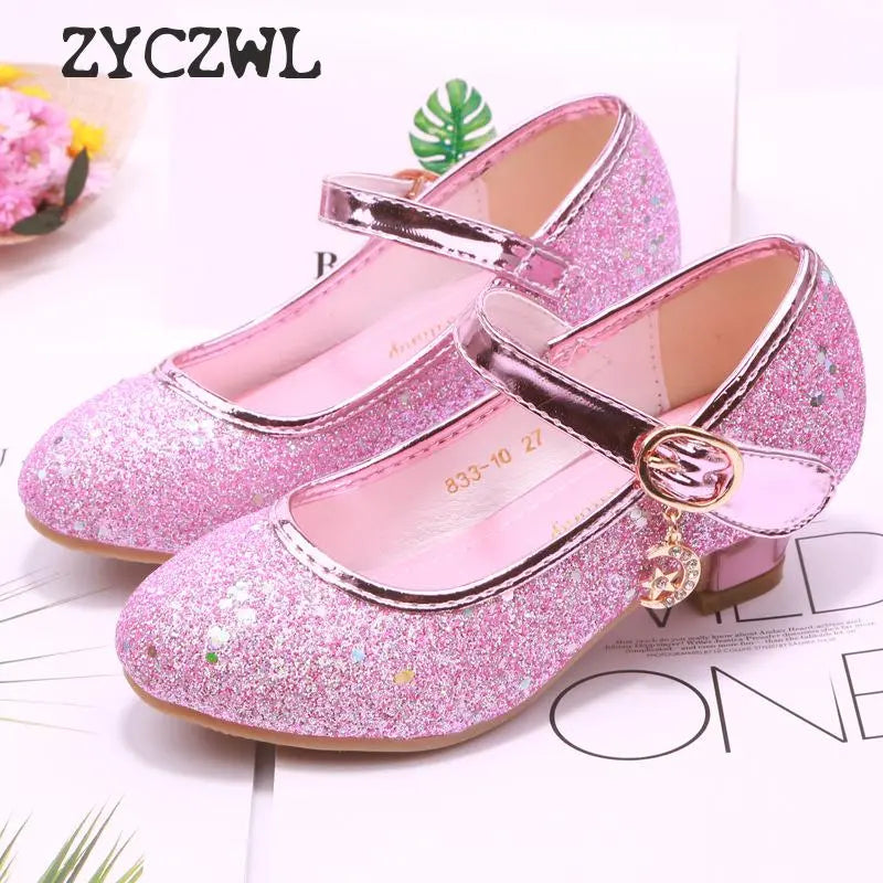 Children Princess Shoes student dance shoes for Girls High Heel Sandals Dress Purple Kids Leather Glitter Crystal Shoes Banquet