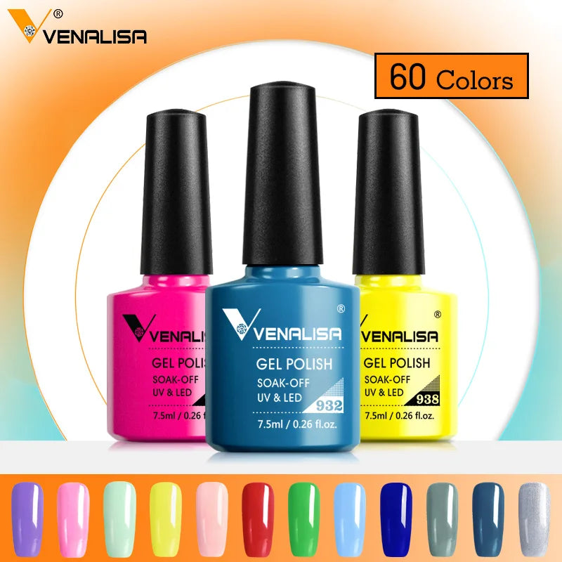 Venalisa Hot Sell Soak Off UV LED Gel 60 Colors 7.5ml Super Shinning Nail Gel Polish Lacquer Full Coverage Pure Color Series