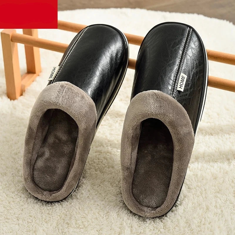 Men's Big Size Winter Slippers Home PU Leather Shoes for Men Indoor Waterproof Fur Cotton Male Bedroom Slipper Flat Houseshoes