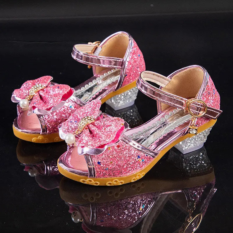 Children's Princess Shoes Little Girls High-heeled Bow-knot Crystal Sandals Party Dress Wedding