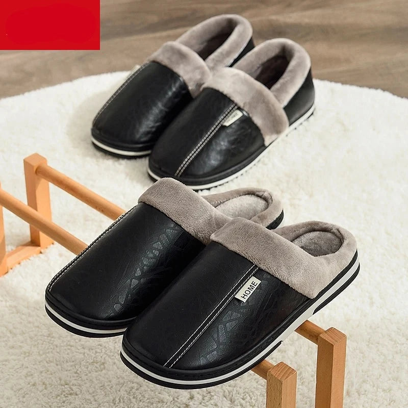 Men's Big Size Winter Slippers Home PU Leather Shoes for Men Indoor Waterproof Fur Cotton Male Bedroom Slipper Flat Houseshoes