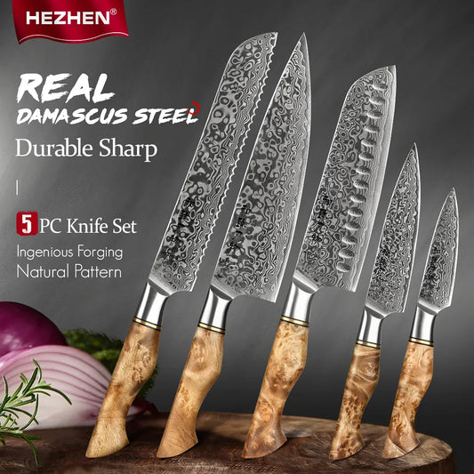 HEZHEN 1-5PC Knife Set Professional Damascus Steel  Chef Santoku Bread Utility Paring Cook Knife For Meat Sharp Kitchen Knife