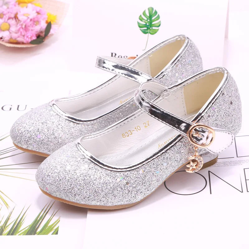 Children Princess Shoes student dance shoes for Girls High Heel Sandals Dress Purple Kids Leather Glitter Crystal Shoes Banquet