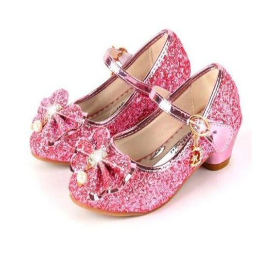 Princess Butterfly Leather Shoes Kids Diamond Bowknot High Heel Children Girl Dance Glitter Shoes