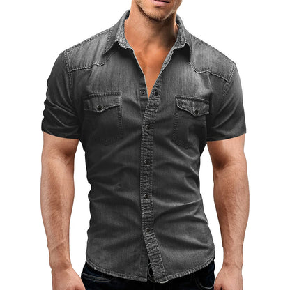 Men Summer Denim Thin Shirt Short Sleeve Soft Cotton Two Pockets Slim Slight Elastic Jeans Cowboy Shirt Clothing 2023