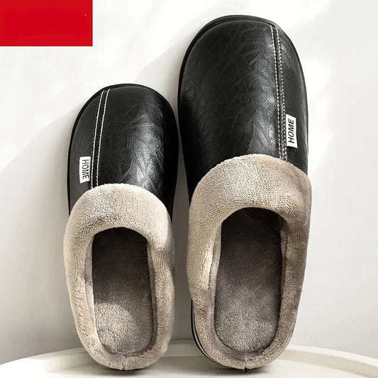 Heren Big Size Winter Slippers Thuis PU Lederen Schoenen voor Mannen Indoor Waterdicht Bont Katoen Mannelijke Slaapkamer Slipper Platte Huisschoenen