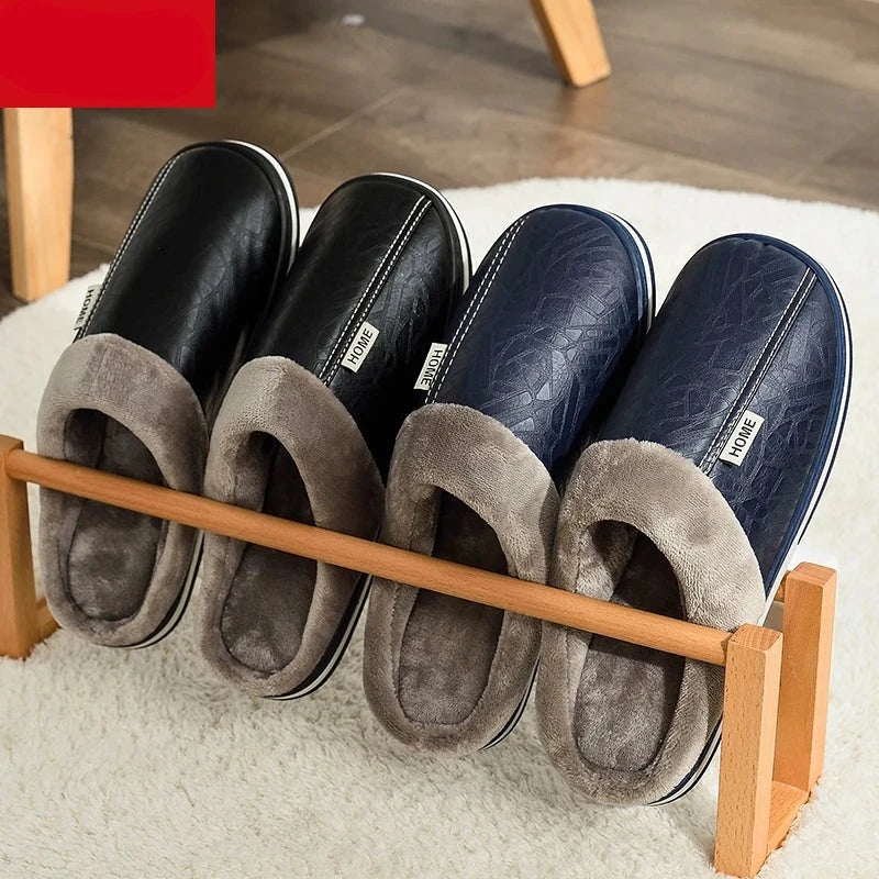 Men's Big Size Winter Slippers Home PU Leather Shoes for Men Indoor Waterproof Fur Cotton Male Bedroom Slipper Flat Houseshoes