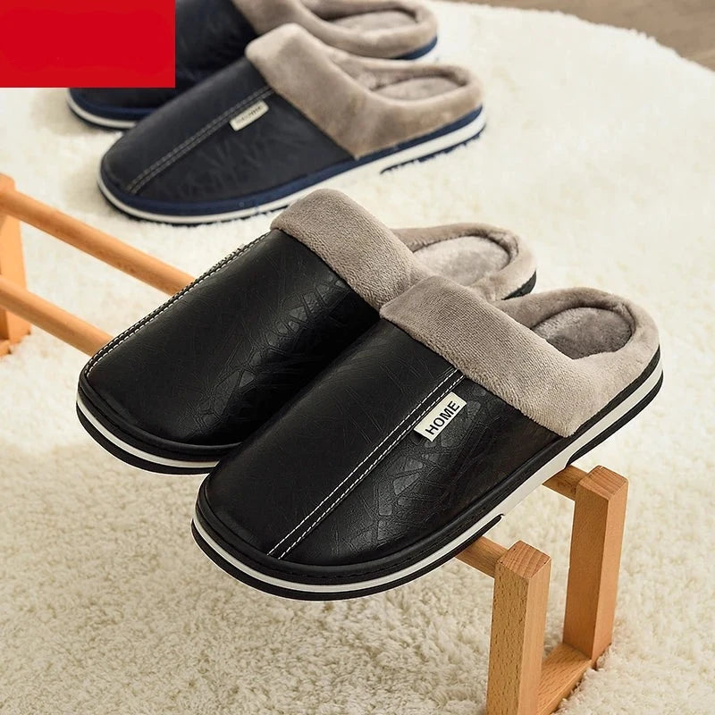 Men's Big Size Winter Slippers Home PU Leather Shoes for Men Indoor Waterproof Fur Cotton Male Bedroom Slipper Flat Houseshoes