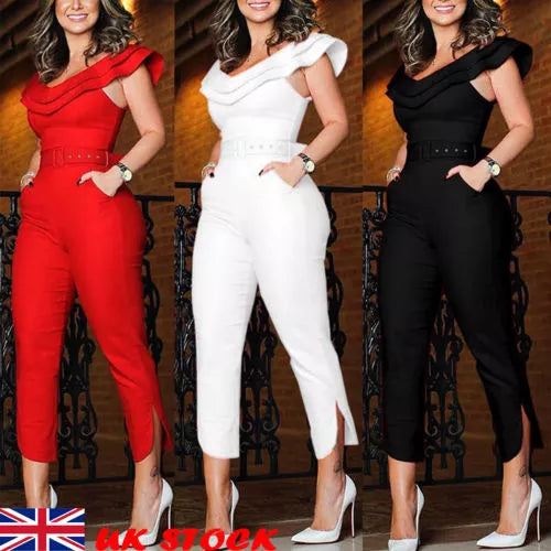 UK Womens Bardot Off Shoulder Jumpsuit Rompers Cocktail Party Evening Playsuit