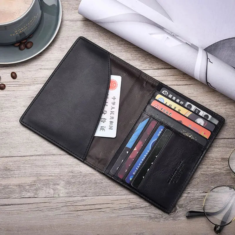 THINKTHENDO Retro Genuine Leather Cowhide Travel Passport ID Card Cover Holder Case Protector Organizer Wallet Black Color