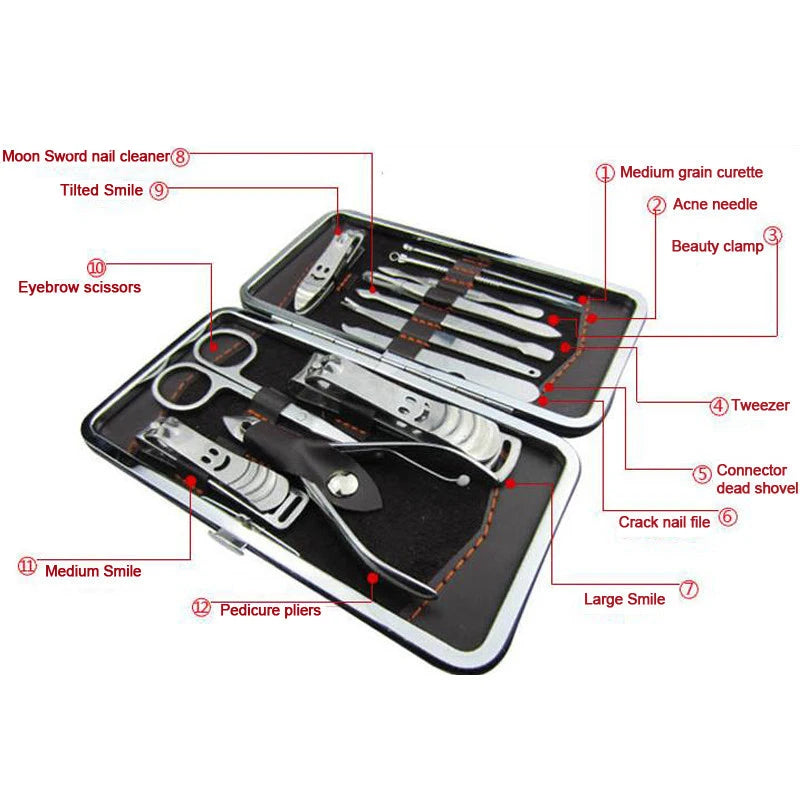 12 Pcs Stainless Steel Nail Art Manicure Set Tools Kits Nails Clipper Scissors Tweezer Knife Manicure Case For Pedicure Set