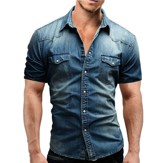 Mannen Zomer Denim Dun Shirt Korte Mouw Zacht Katoen Twee Zakken Slanke Lichte Elastische Jeans Cowboy Shirt Kleding 2023 