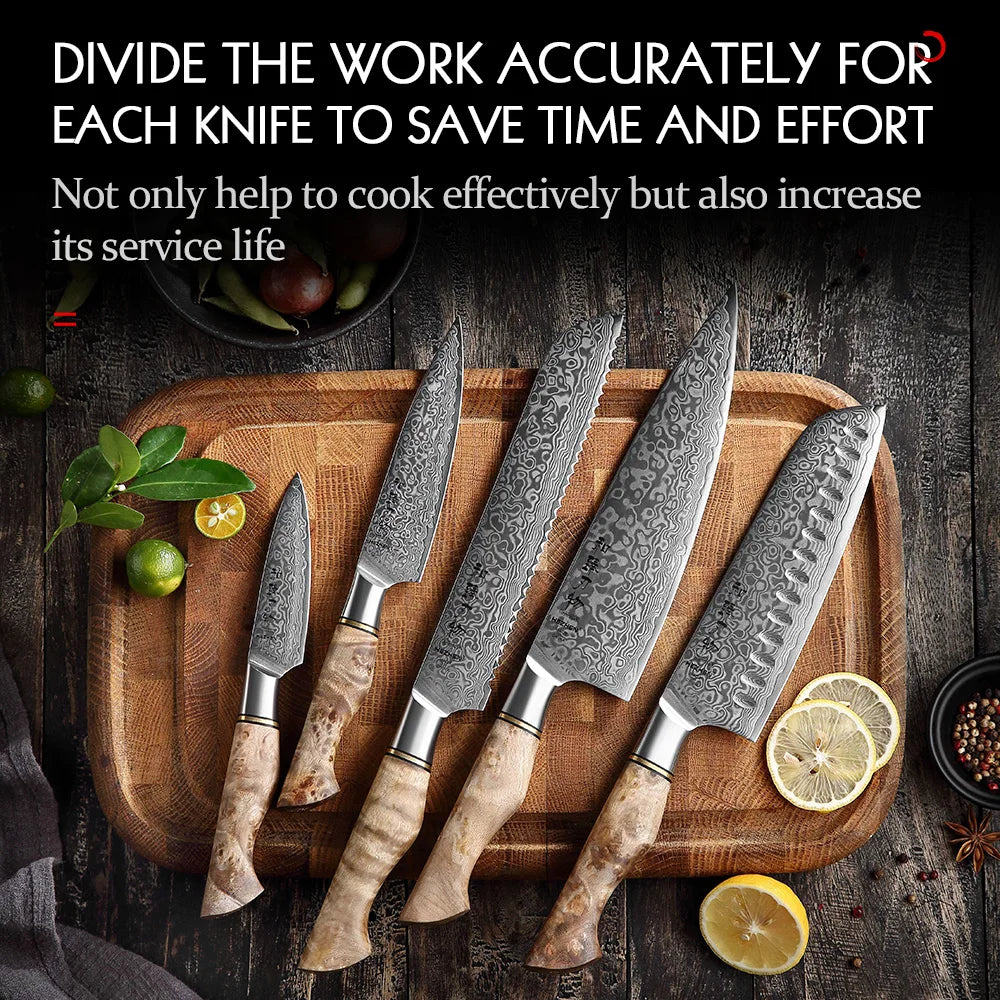 HEZHEN 1-5PC Knife Set Professional Damascus Steel  Chef Santoku Bread Utility Paring Cook Knife For Meat Sharp Kitchen Knife