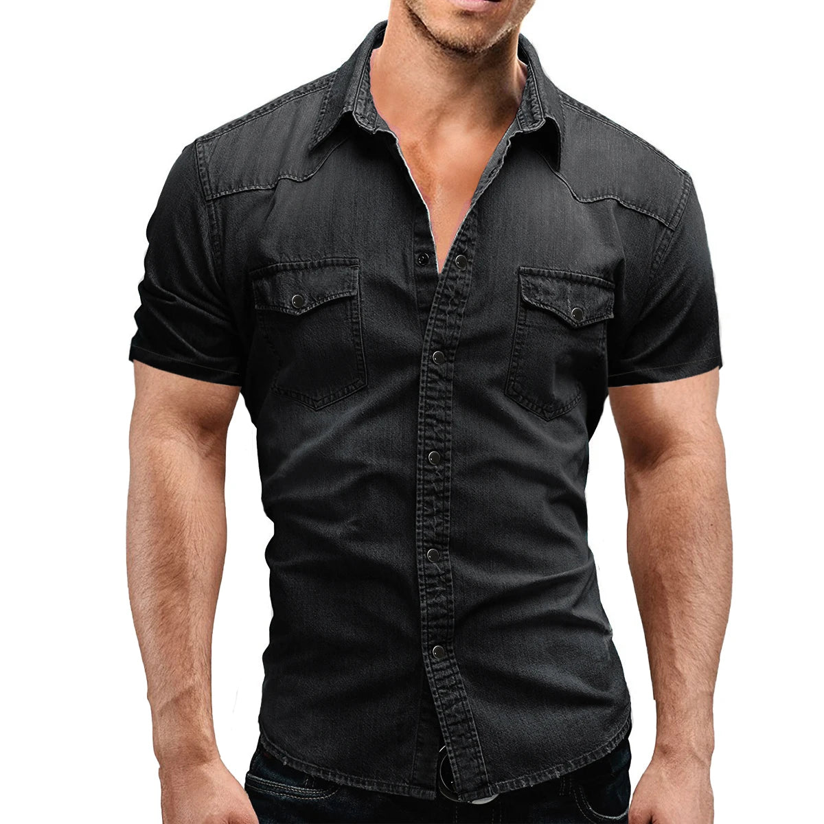 Men Summer Denim Thin Shirt Short Sleeve Soft Cotton Two Pockets Slim Slight Elastic Jeans Cowboy Shirt Clothing 2023