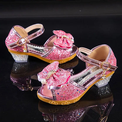 Children's Princess Shoes Little Girls High-heeled Bow-knot Crystal Sandals Party Dress Wedding