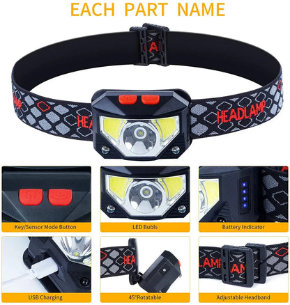 8 Modes Motion Sensor XPE+COB LED Headlamp Flashlight USB Rechargeable Waterproof Camping Head lamp Running Fishing headlight