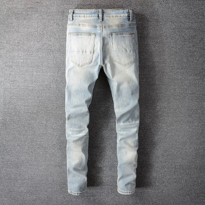 Ripped Patchwork Jeans Streetwear Light Blue Denim Slim Skinny Pencil Pants Trousers