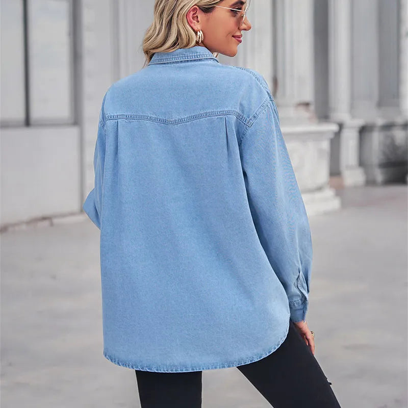 Solid Casual Loose Denim Shirts For Women 2023 Autumn Vintage Women's Oversized Shirts And Blouses Fashion Youth Female Tops