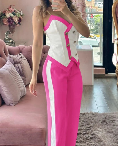 2024 Spring Women Casual Suit Set Contrast Paneled Skinny V-Neck Double Breasted Chain Strap Cami Top and Straight Leg Pants Set