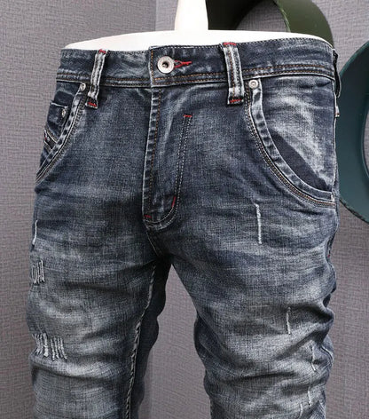 Newly Designer Fashion Men Jeans Retro Black Blue Elastic Slim Fit