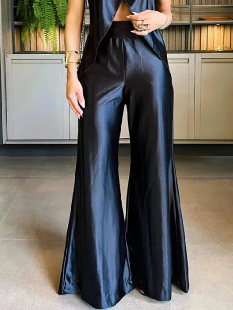 Drauuing 2 Pieces Sets Women Sleeveless Tank Split Hem Top And Wide Leg Pants Women Outfits Silk Pant Sets Matching Sets