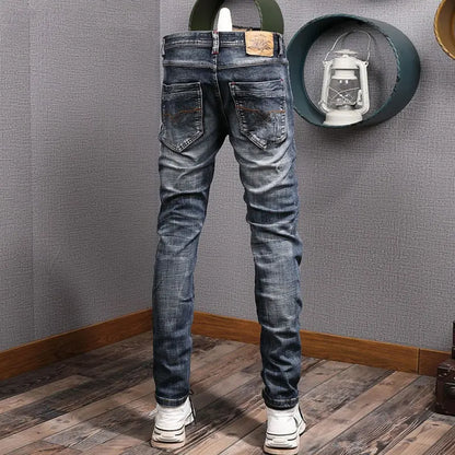 Newly Designer Fashion Men Jeans Retro Black Blue Elastic Slim Fit