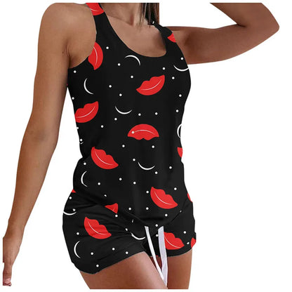 Women's Sleepwear Print Sleeveless Cami Shorts Pajamas Home Clothes Sleepwear Set Sexy Stitching Ladies Pajamas Suit