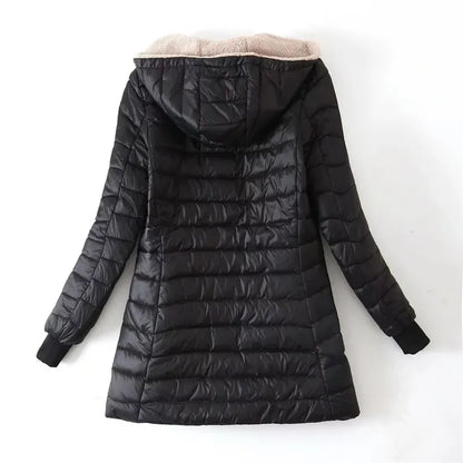 Winter Mid-Length Hooded Cotton Jacket Women Autumn Lightweight Plush Lining Solid Ladies Parka Loose Female Zipper Outwear