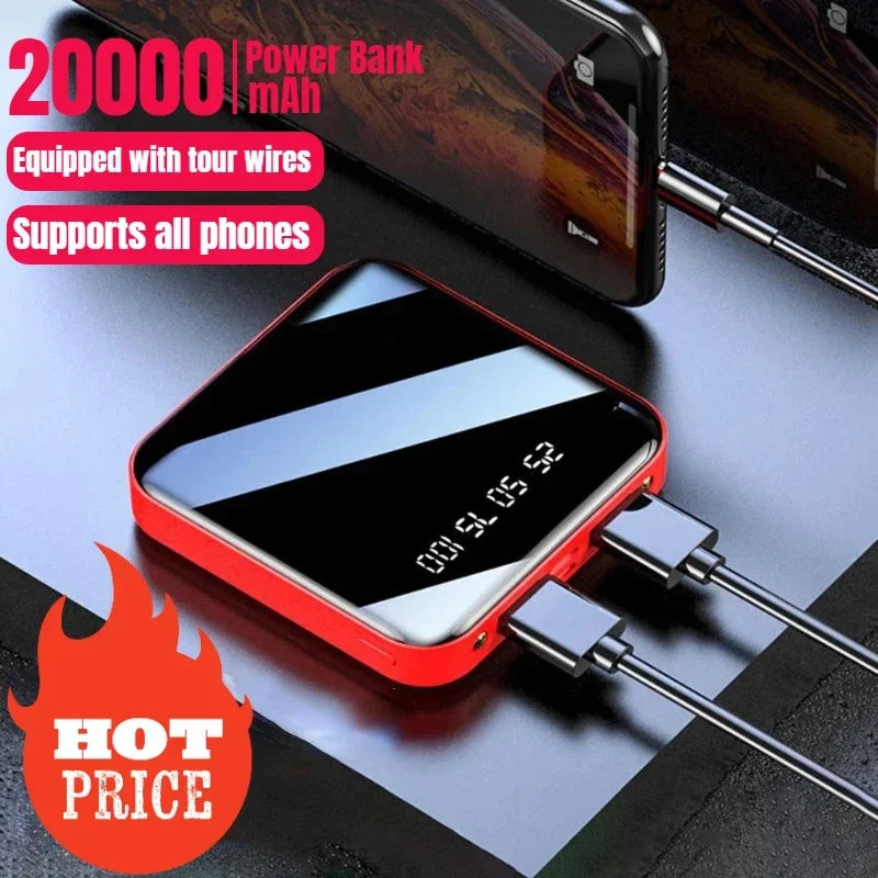 Power Bank 20000mAh Portable Charging Poverbank Mobile Phone LED Mirror Back Power Bank External Battery Pack Powerbank