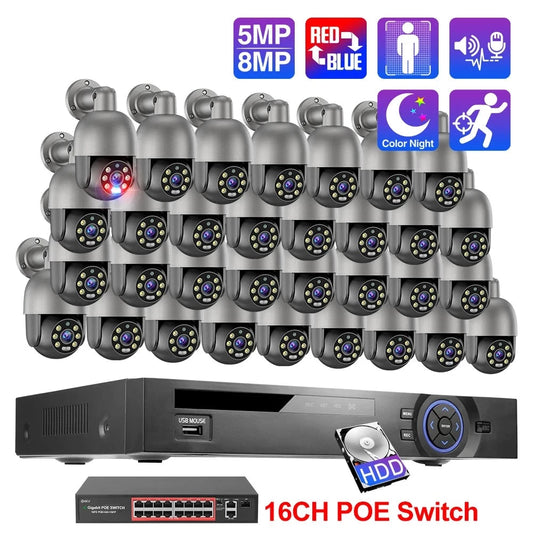 Techage 32CH 5MP 8MP POE PTZ Camera System Smart Ai Human Detected Two-way Audio Color Night 4K H.26S Security Surveillance Kit