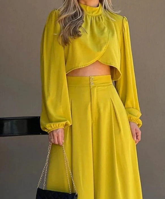 Two Piece Set Women Outfit 2024 Spring Temperament Commuting Irregular Crop Top & Casual High Waist Daily Wide Leg Pants Set