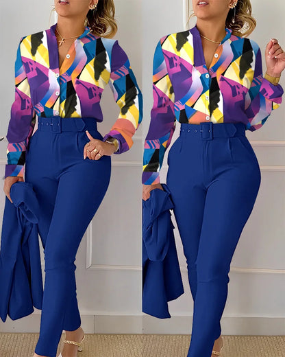 Elegant print shirt and pants two piece sets women