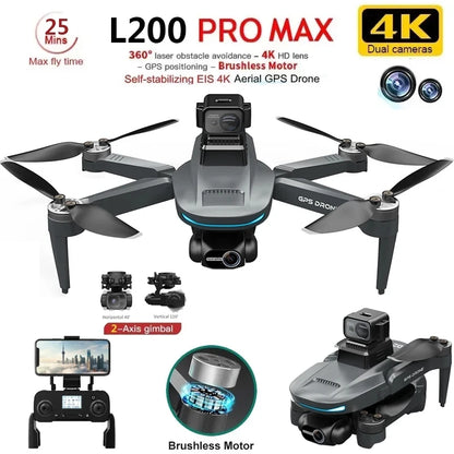 L200 PRO MAX Drone 4K 2-Axis PTZ HD Dual Camera 360° Laser Obstacle Avoidance Brushless Motor GPS 5G WIFI RC FPV Quadcopter Toy