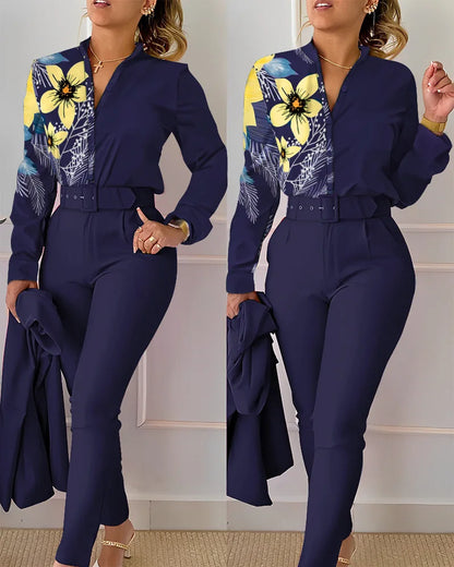 Elegant print shirt and pants two piece sets women