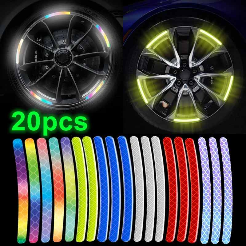 20PC Car Wheel Hub Reflective Sticker Rainbow Fluorescence Luminous Stripe Tape Car Motorcycle Decals Night Driving Safety