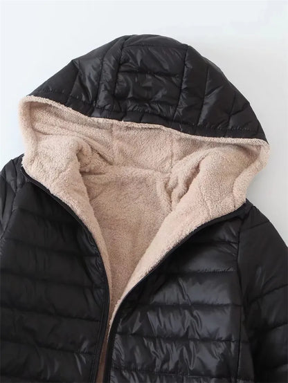 Winter Mid-Length Hooded Cotton Jacket Women Autumn Lightweight Plush Lining Solid Ladies Parka Loose Female Zipper Outwear