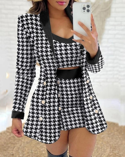 3Pcs Women Outfit 2024 Autumn Fahsion Houndstooth Print Shawl Collar Long Sleeve Blazer Coat & Elegant Shorts Set with Crop Top