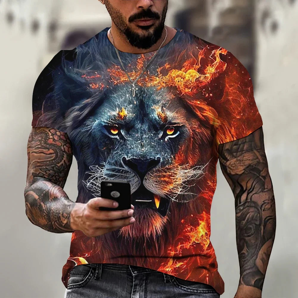 Men's Retro Summer T-shirt, Lion 3D Printed Short Sleeved Top, Oversized Elastic Clothing, Fitness Sweatshirt