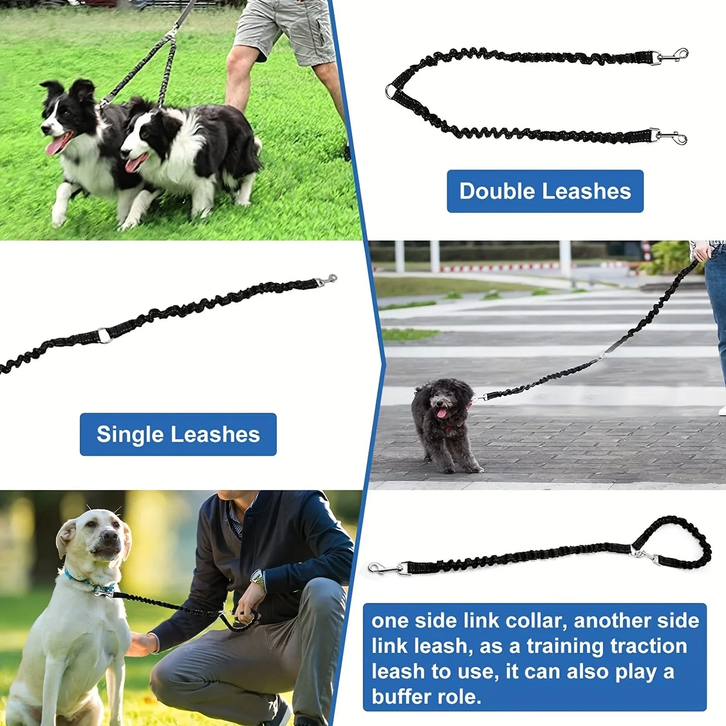 Pet Dog Double Leashes - No Tangle Dog Leash Coupler, Comfortable Shock Absorbing Reflective Bungee Lead for Nighttime Safety