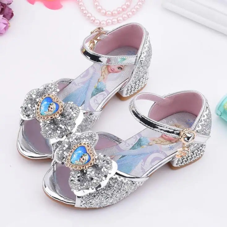 Summer Disney Girls Sandals Frozen 2 Elsa Princess Shoes Little Girls Crystal Shoes Children High Heels Catwalk Show Party Shoes