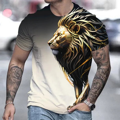 Men's Retro Summer T-shirt, Lion 3D Printed Short Sleeved Top, Oversized Elastic Clothing, Fitness Sweatshirt