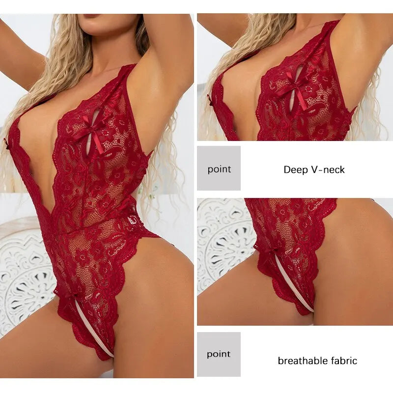 Women Sexy Lace Lingerie Hollow Bra Set Deep V Open Bra Porn Underwear Set Hot Sexy Transparent Bodysuit Dress