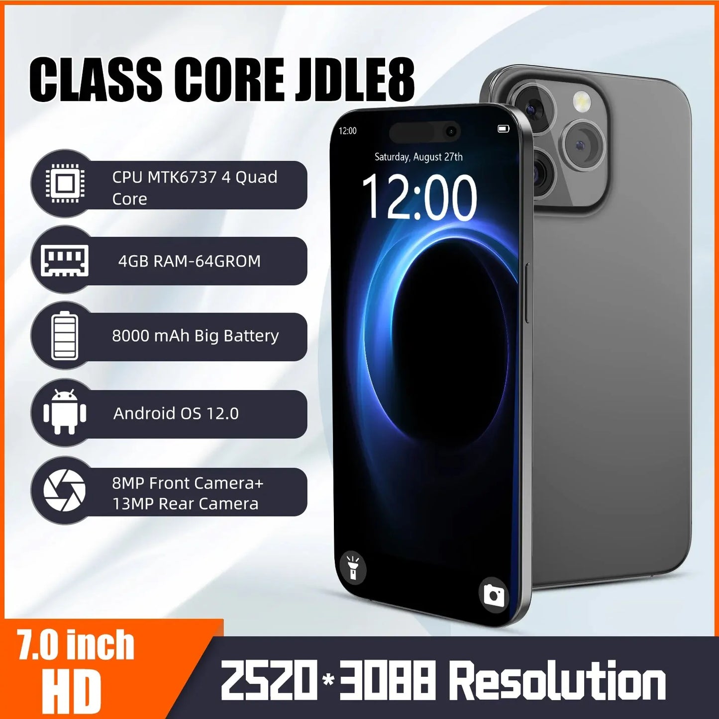 VERYHDSN JDLE8 Smartphone 7.0 Inch Android 12.0 Quad Core Mobiele Telefoon HD 15MP Camera 8000mAh Batterij Dual SIM Stand-by 