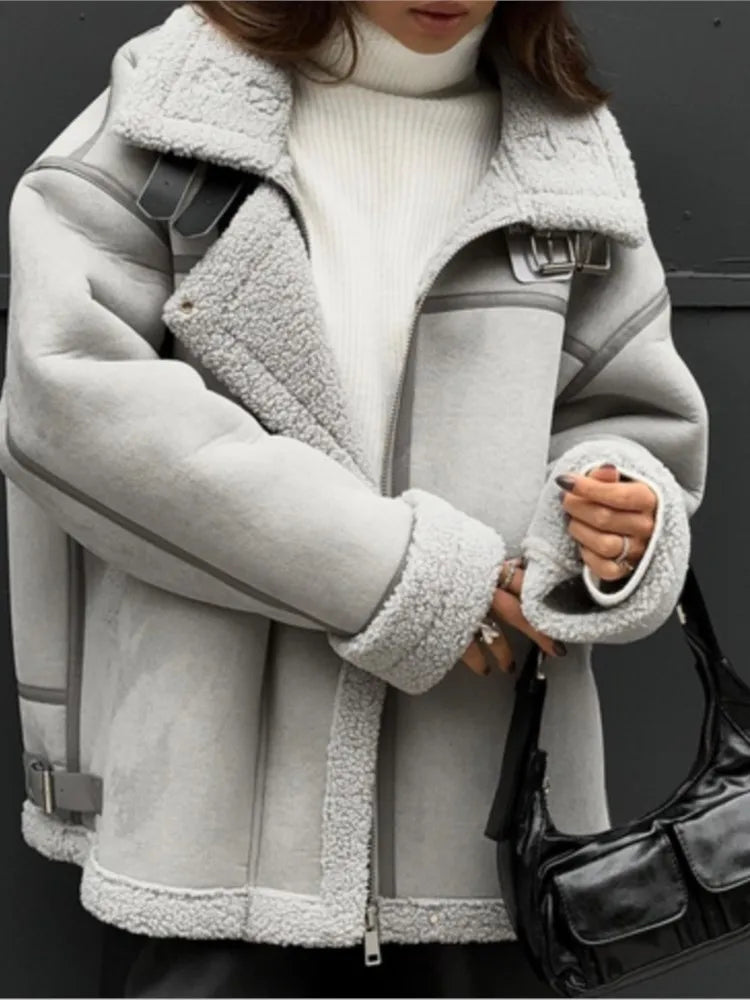 Chic Casual Lapel Zipper Plush Coat Women's Loose Long Sleeved Solid Jacket With Pockets 2023 Autumn/Winter Warm Street Wear