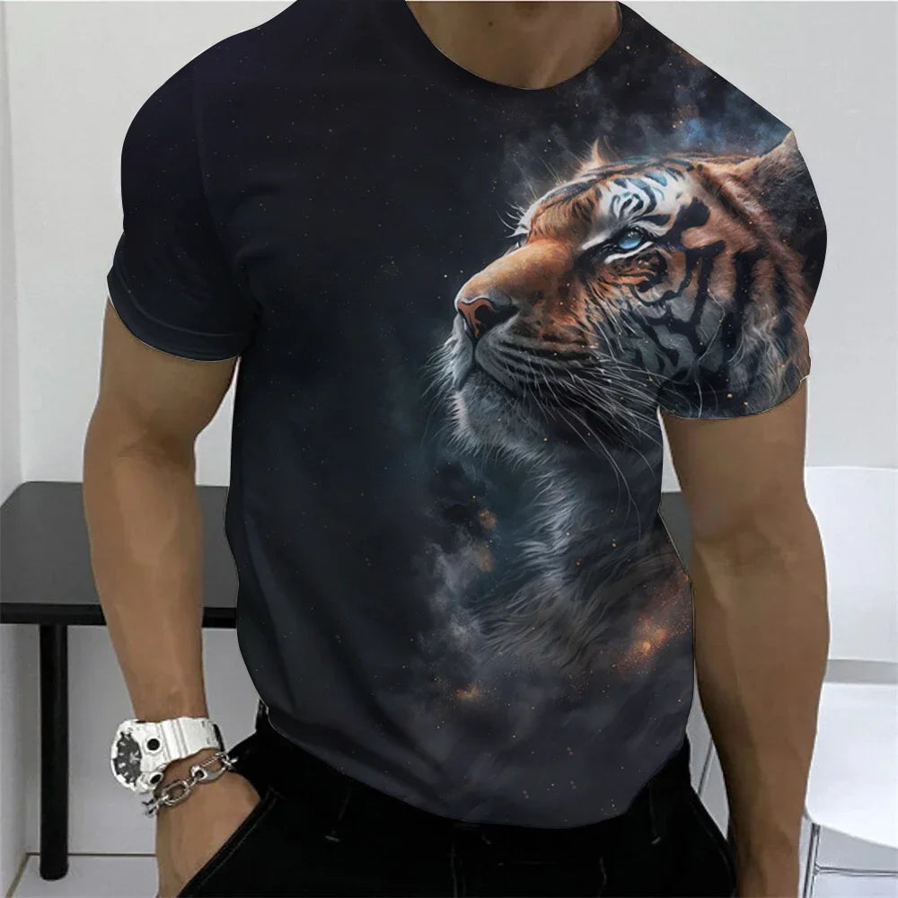 Men's Retro Summer T-shirt, Lion 3D Printed Short Sleeved Top, Oversized Elastic Clothing, Fitness Sweatshirt