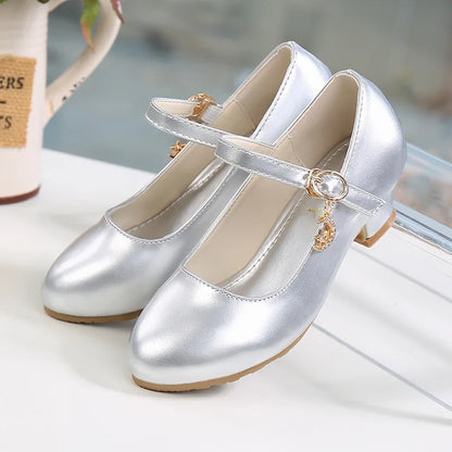 Children Girls Leather Shoes White Princess High Heel Shoes For Kids Girls Performance Dress Student Show Dance Sandals 28-41