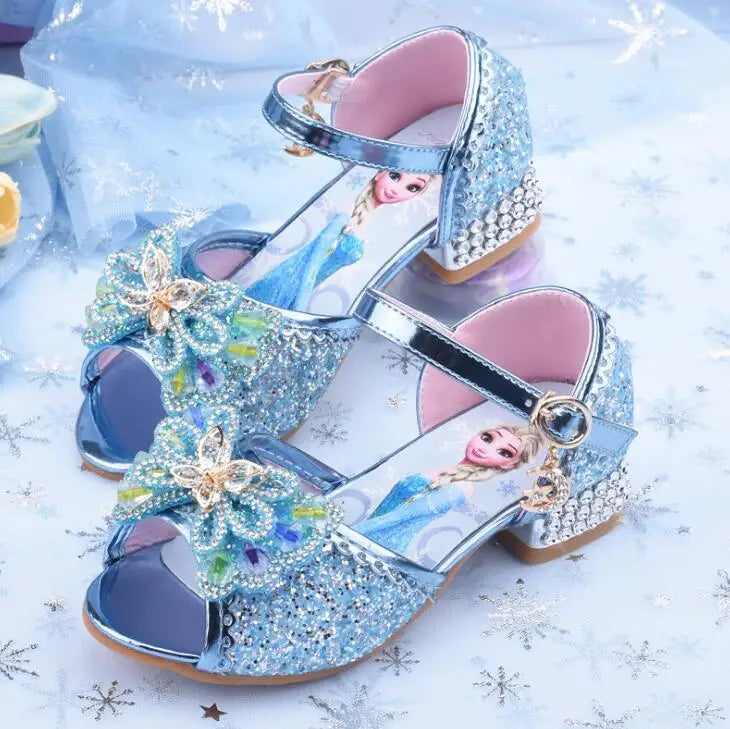 Summer Disney Girls Sandals Frozen 2 Elsa Princess Shoes Little Girls Crystal Shoes Children High Heels Catwalk Show Party Shoes