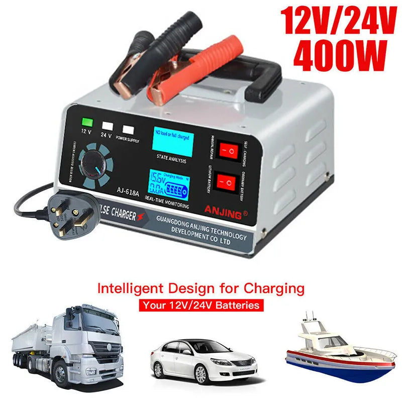 12V/24V Car Charger Large Power 400W 260W Automotive Battery ChargerTrickle Smart Pulse Repair for Car SUV Truck Boat Motorcycle