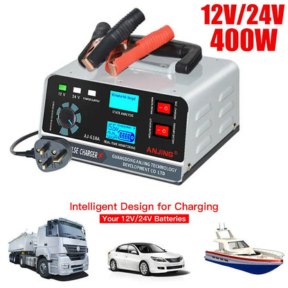 12V/24V Car Charger Large Power 400W 260W Automotive Battery ChargerTrickle Smart Pulse Repair for Car SUV Truck Boat Motorcycle